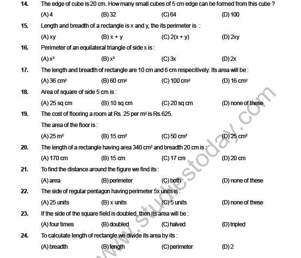 Cbse Class Mathematics Mensuration Mcqs Multiple Choice Questions